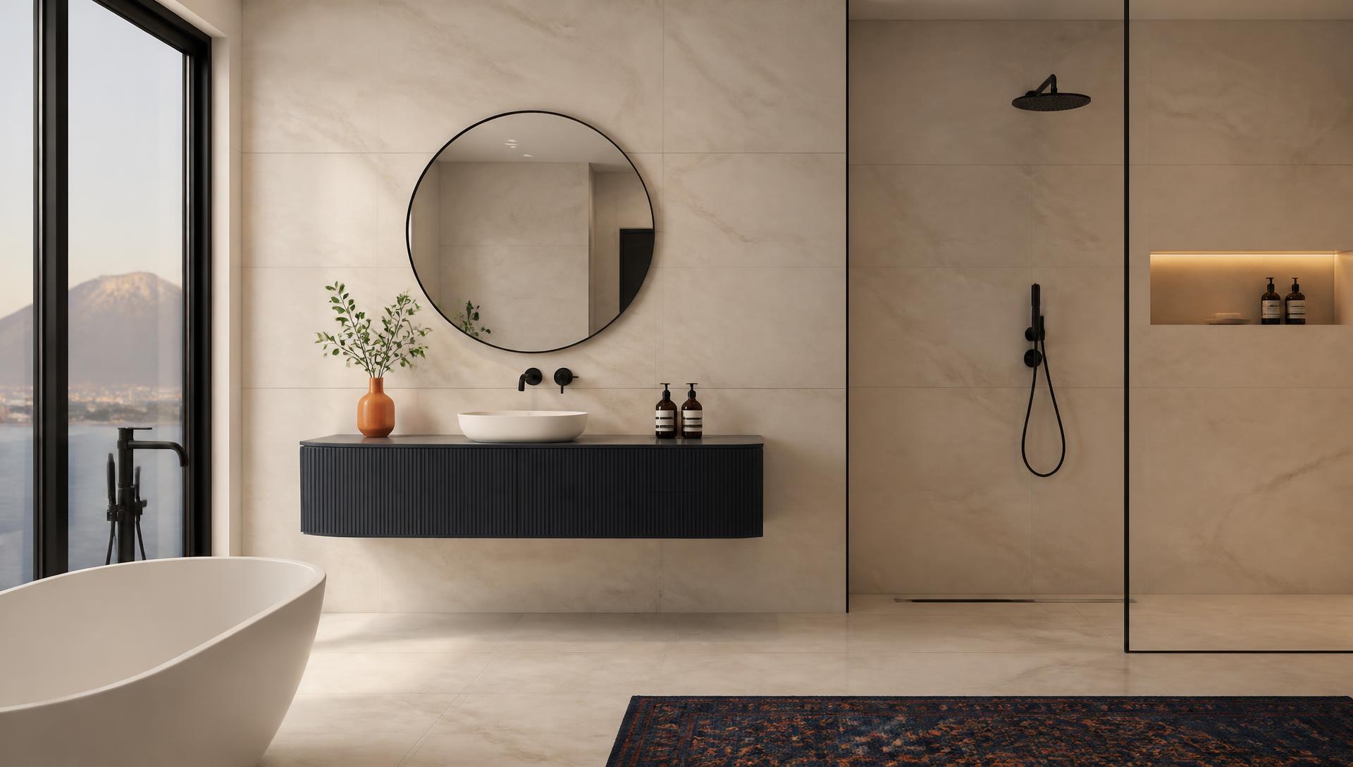 Premium large-format marble-look tiles installed in a modern bathroom interior